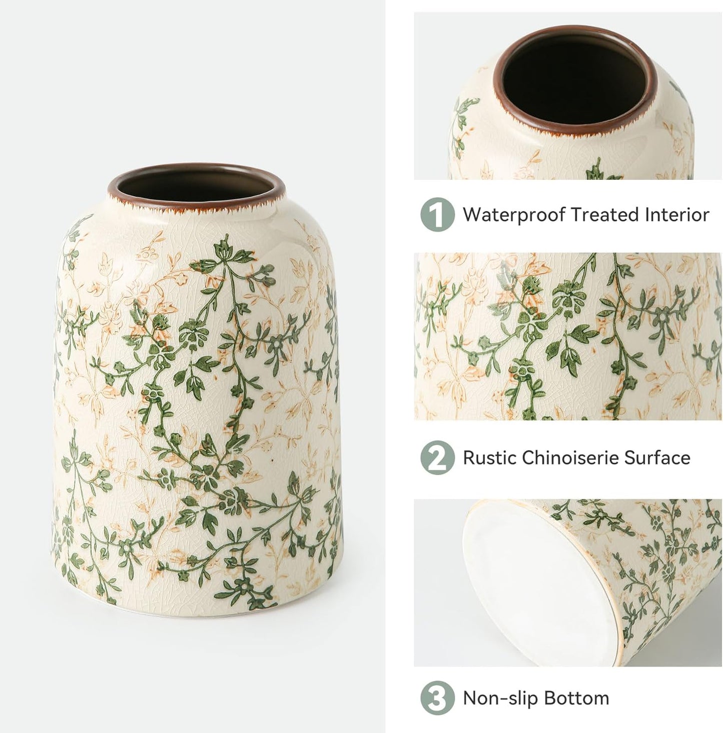 Green Vintage Vase, Chinoiserie Floral Vases, Retro Ice Cracked Ceramic Large Vases for Home Decors, Living Room, Bookshelf, Office, Grand Millennial Decor, Chinoiserie Decors, Tuscan Decor 7.8 Inch