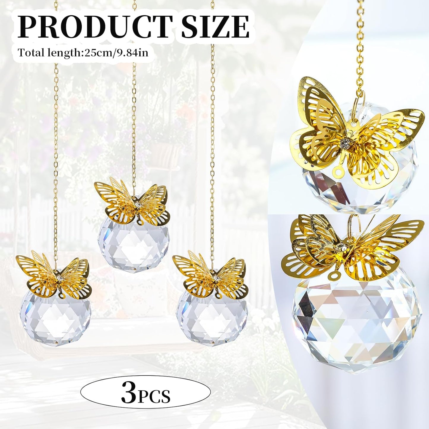 Crystal Suncatchers Gold Butterfly 40mm Crystal Prisms Ball Rainbow Maker with Chain for Window Hanging Decoratioin 3 Pack