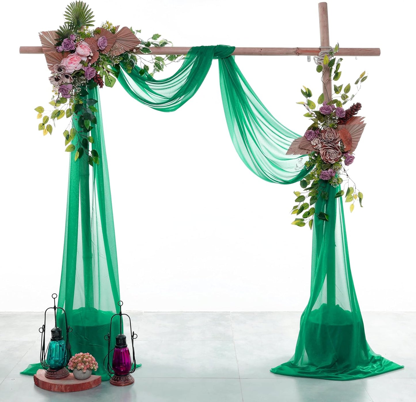 VDS Pack of 2 Panel (30 Inch X 50 Feet) Wedding Arch Draping Fabric Sheer Chiffon Fabric Drapery for Wedding Ceremony Reception Swag Backdrop Canopy Chuppah ARBO Altars Decoration (Emerald)