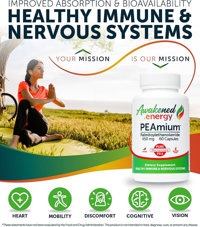 Palmitoylethanolamide 450mg Comfort Mobility Nerves Cognitive & Immune Support - Micronized High Absorption - All Natural Pea - USA Made - No Additives or Excipients – 60 Vegan Capsules Supplement