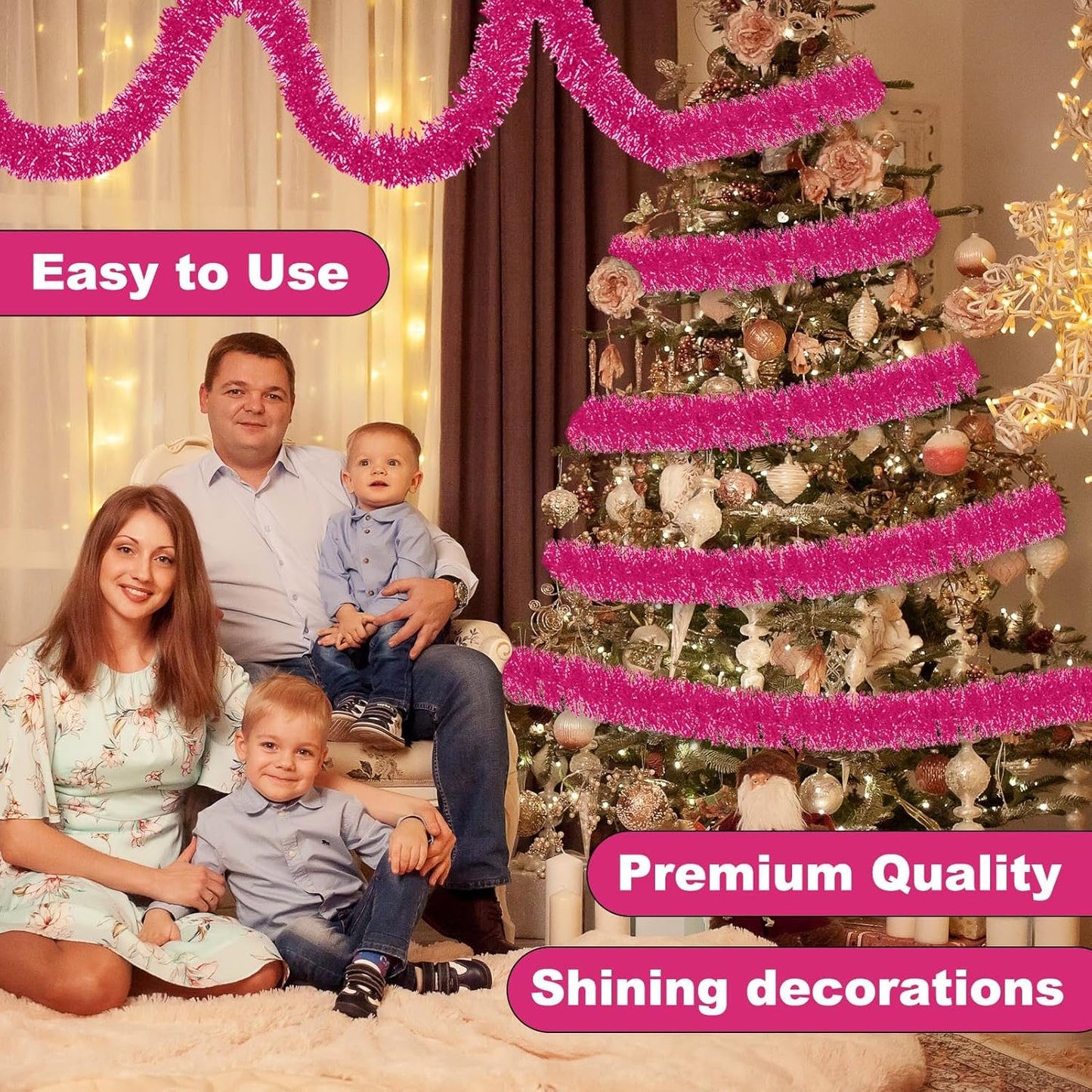 25 Feet Pink Christmas Tinsel Garland, Metallic Foil Twist Banner Wall Hanging Tinsel Streamers Backdrop for Parade Floats, Christmas, Mother's Day, Birthday Party Decorations(4in x 25ft)