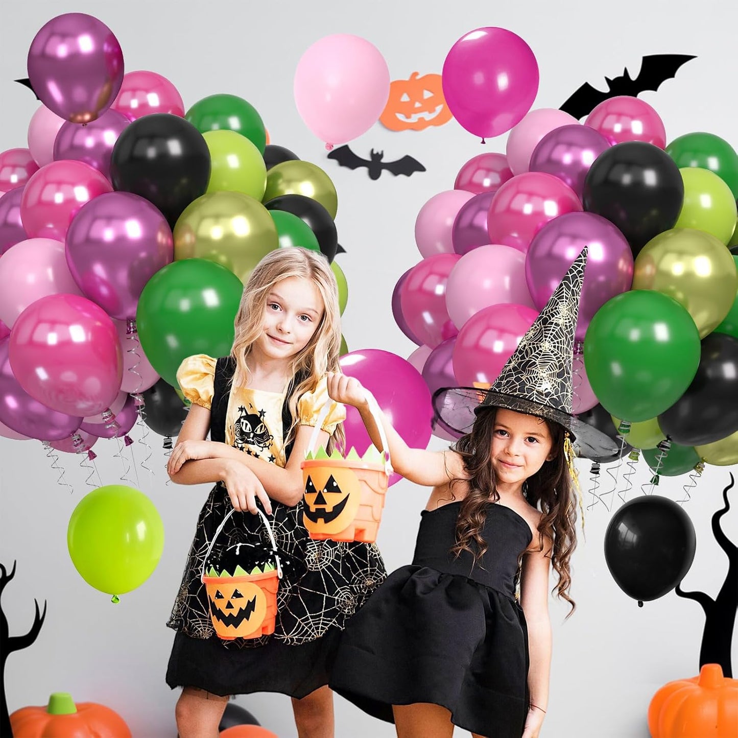 60PCS Black Pink Green Balloons, Hot Pink Dark Light Green Black Latex Balloon, Metallic Red Witch Theme Halloween Balloon for Kids Adults Birthday Witch Wedding Halloween Party Decorations