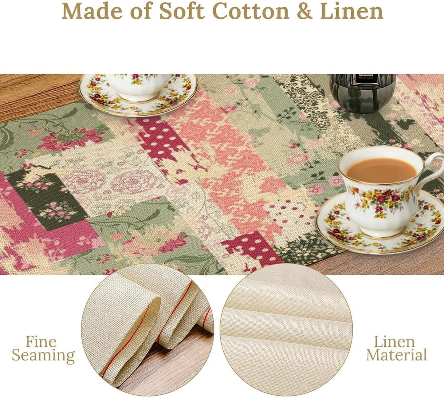 Patchwork Flower Table Runner,Abstract Colorful Floral Retro Style Hand Drawn Tablecloth Burlap for Hotel Indoors Outdoor Dining Room Kitchen Home Decor,W13X L36 in