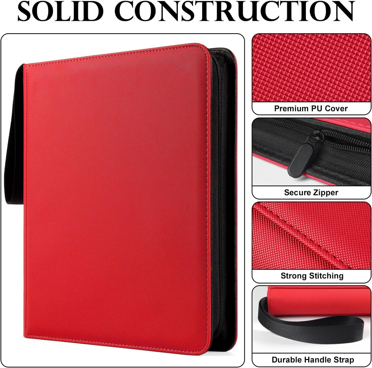 GEAoffice 12 Pocket Trading Card Binder for 720 Cards, Sturdy PU Cover Side Loading Zipper Collection Binder Album for MTG, TCG, Game & Sports Cards, Ringless, Non-PVC, Red