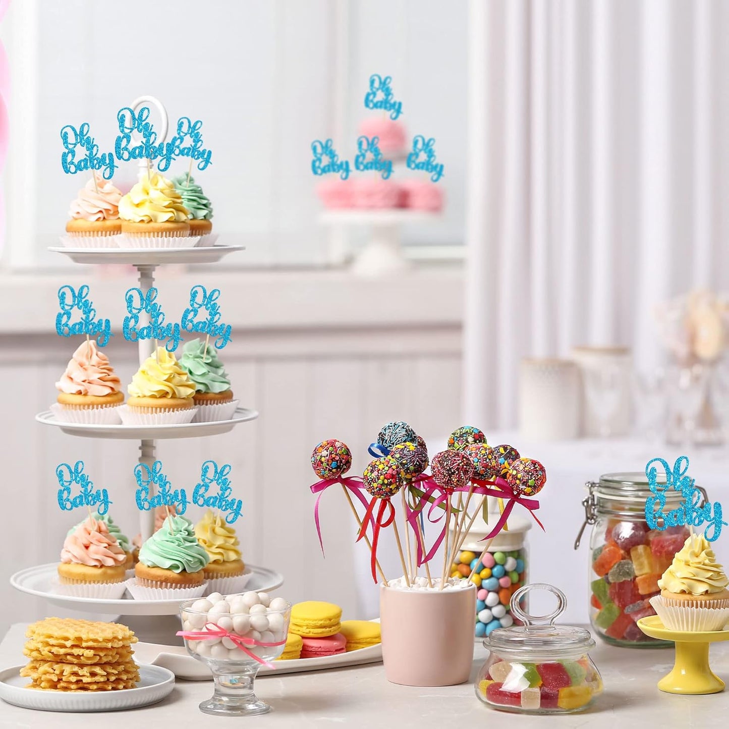 Gyufise 36 Pack Blue Glitter Oh Baby Cake Cupcake Toppers Picks for Wedding Birthday Baby Shower Party Decorations