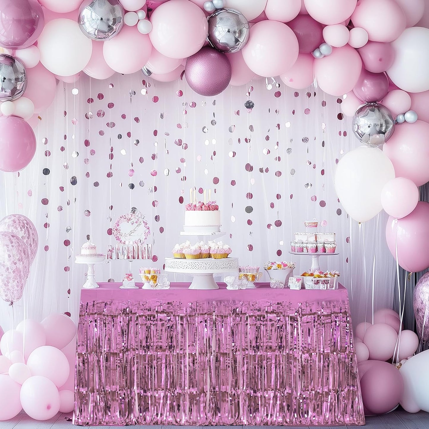 2 Pack Pink Table Skirts, 29x108" Metallic Foil Tinsel Fringe Table Skirts for Rectangle Tables Streamer Curtains Backdrop, Party Decorations for Birthdays Weddings Holidays