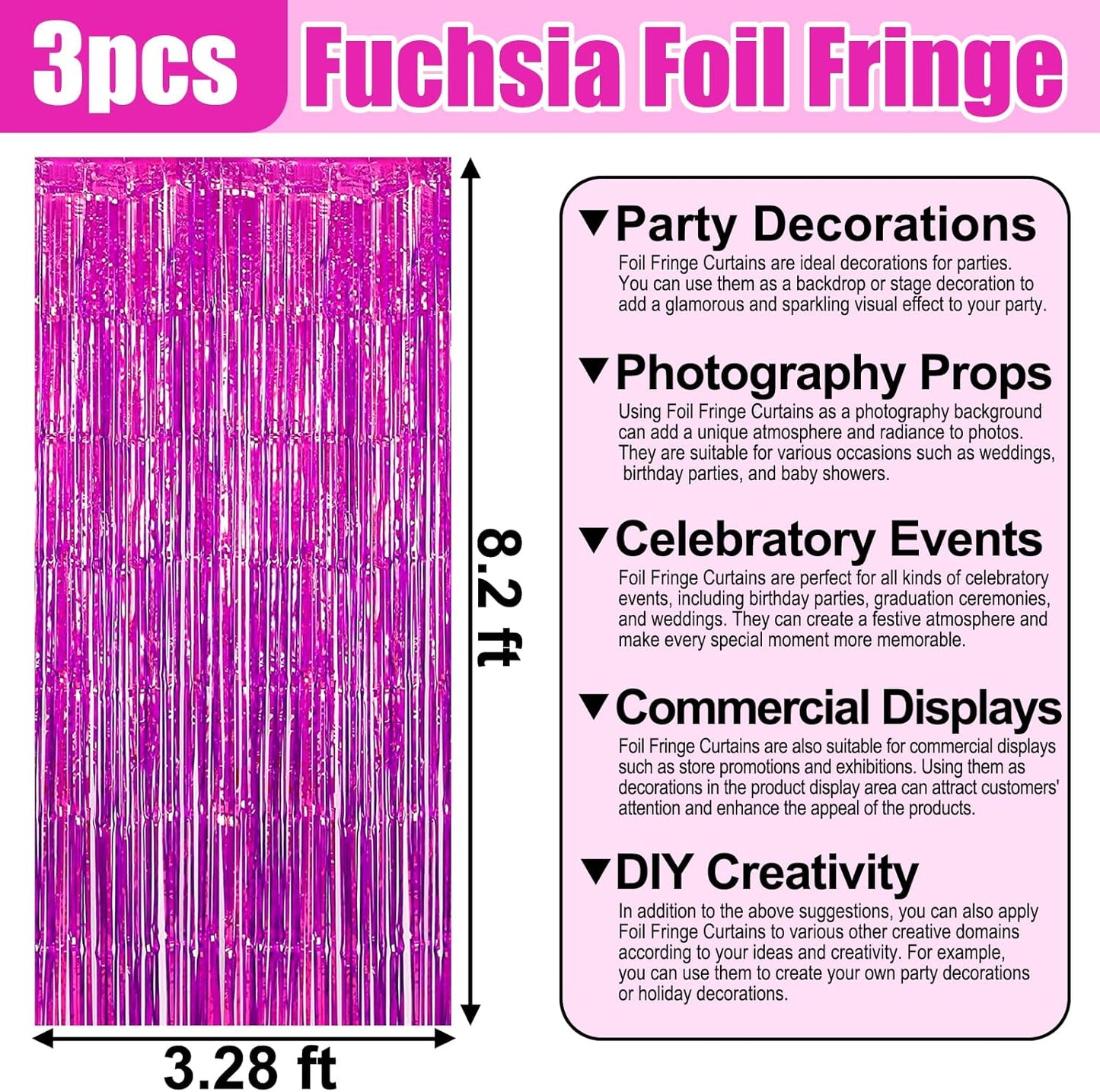 3 Pack Rose Red Foil Fringe Curtain Backdrop, 3.28Ft x 8.2Ft Metallic Tinsel Foil Fringe Streamer Curtains for Photo Booth, Christmas Day, Thanksgiving, Wedding, New Year Party Decorations