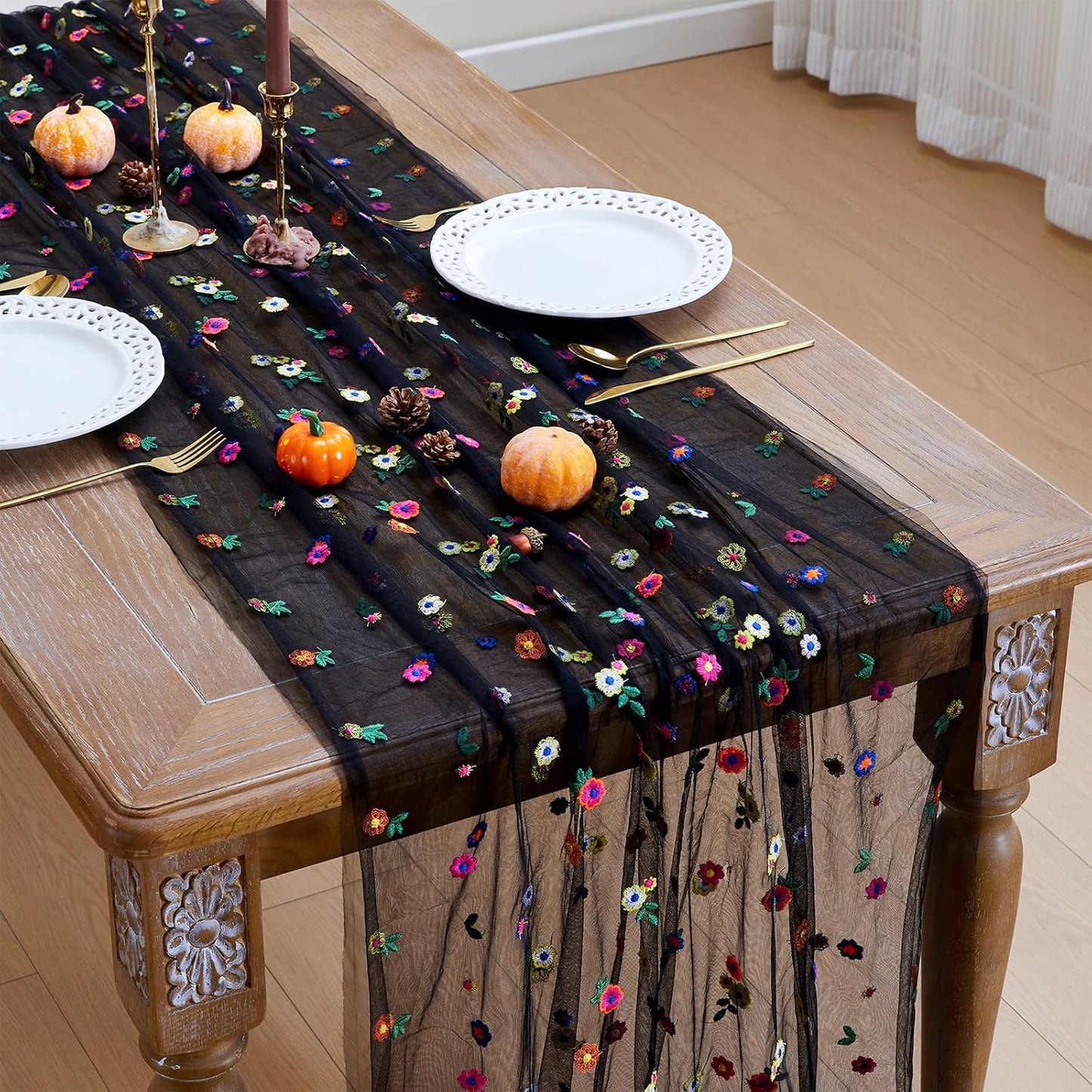 JIALE Black Floral Table Runner, Embroidery Daisy Seasonal Table Decorations, 120Inch 10FT Tulle Fabric for Home Decor, Bridal Shower Wedding, Baby Shower Parties, DIY Craft