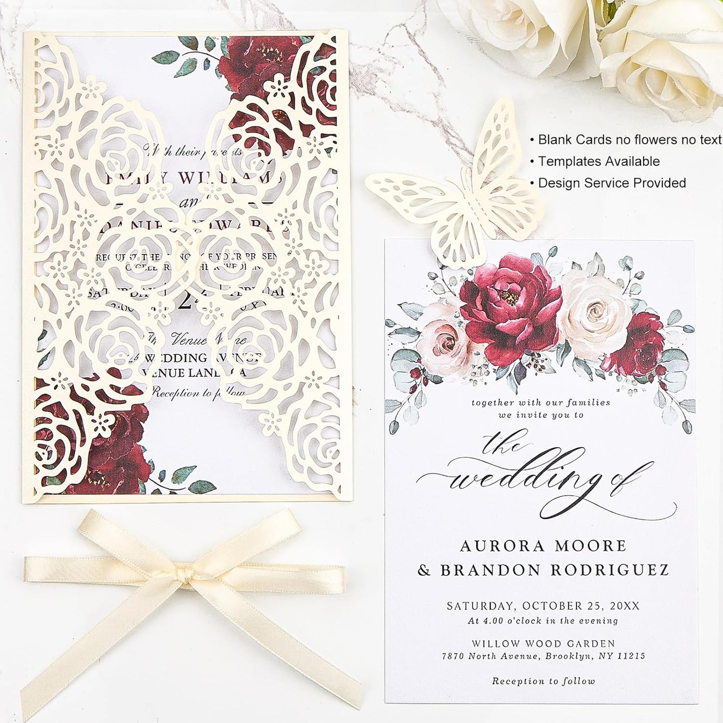 Wedding Invitations Ivory 50 Pack - Butterfly Laser Cut Invitation Sleeves with Blank 250GSM Pearlescent Paper Insert Make Your Own Party Invitations Wedding Quinceanera Bride Shower