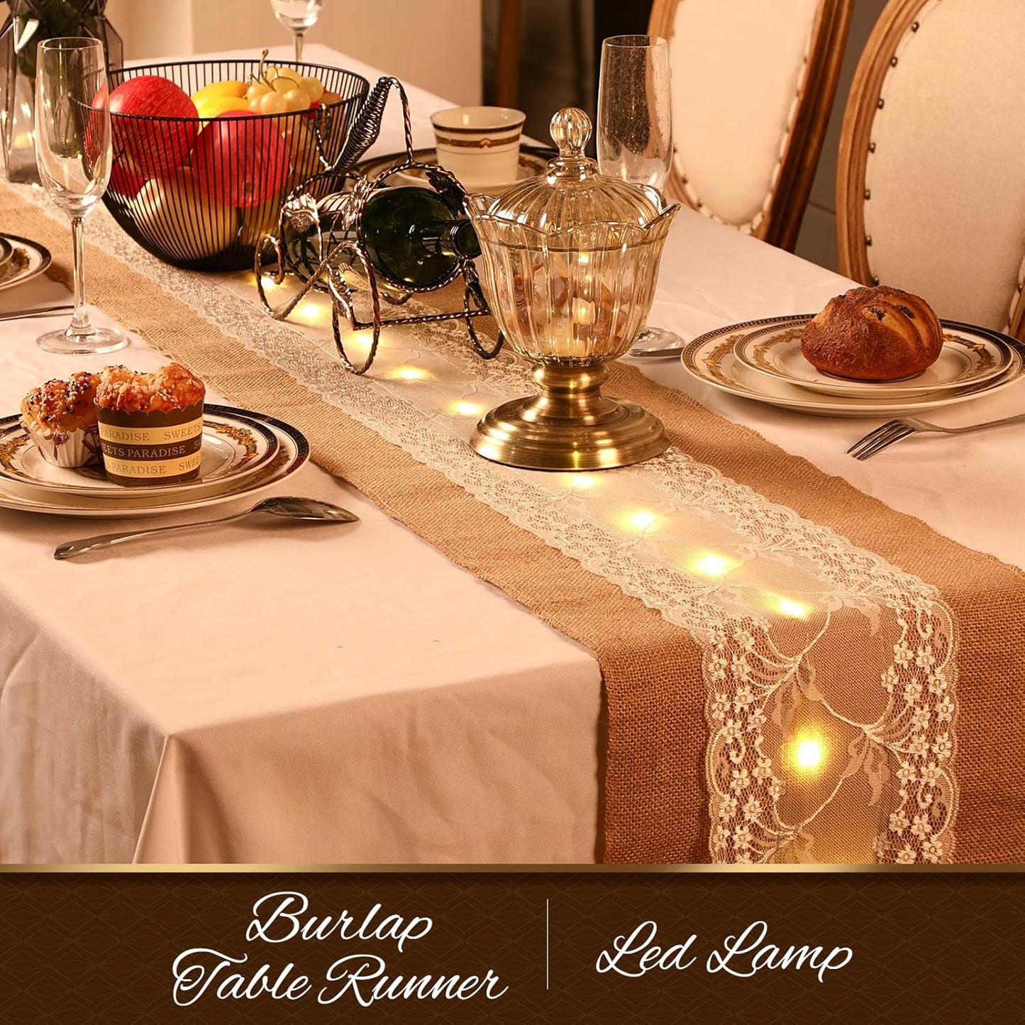 Burlap Table Runner with LED String Lights Rustic 12" x 108" Christmas Tablecloth Lighted Table Runner Farmhouse Decor for Wedding Bridal Shower Xmas Holiday (Pack of 2)