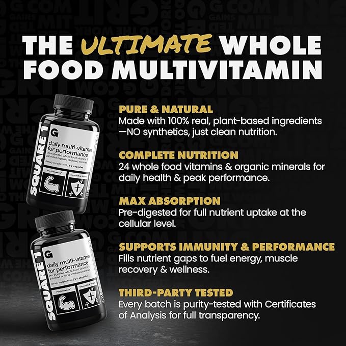 Gains in Bulk Square 1 Multivitamin and Mineral Supplement for Women and Men, Vitamins, Digestive Enzymes and Organic Minerals for Muscle Health, Performance and Immune Support, 60 Capsules
