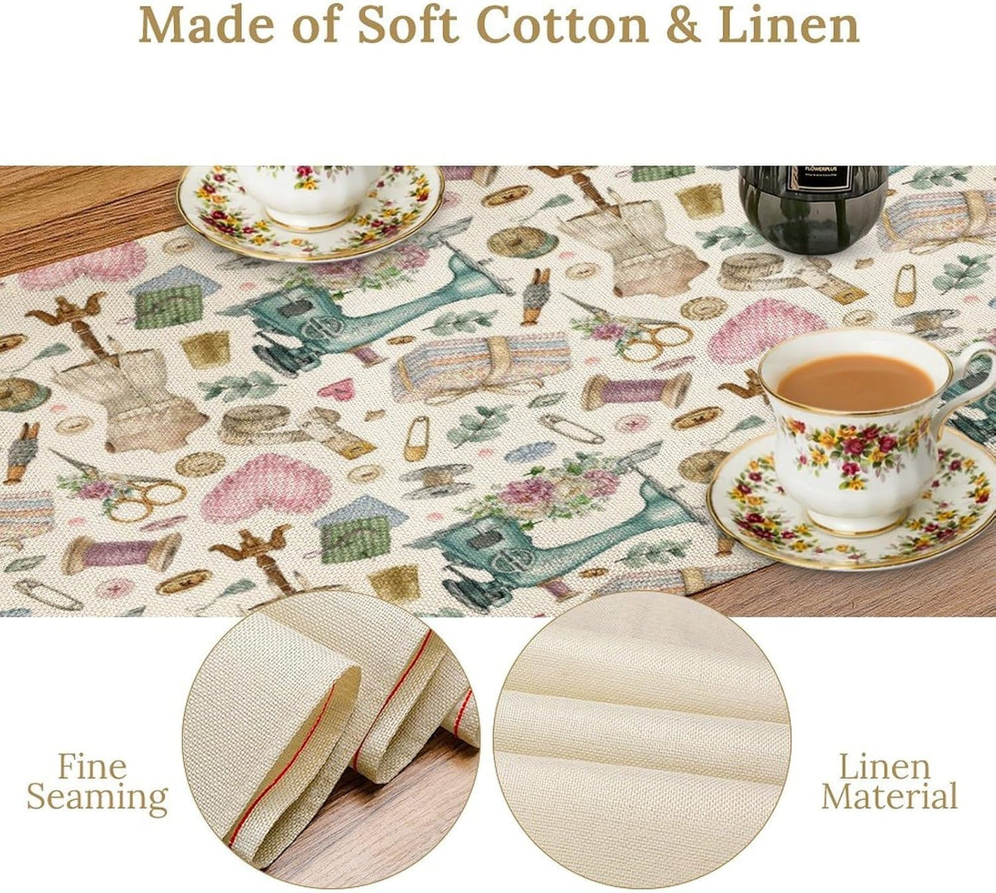 Sewing Theme Table Runner,Vintage Sewing Machine Tool Watercolor Pattern Print Tablecloth Burlap for Hotel Indoors Outdoor Dining Room Kitchen Home Decor,W13X L80 in
