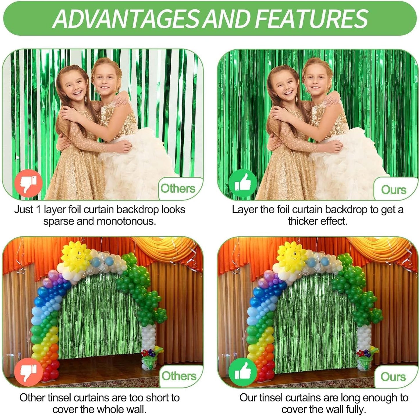 6 Pack Green Foil Fringe Curtains Streamers Party Decorations 3.3 x 8.2 ft, Tinsel Curtain Fringe Backdrop for Parties, Door Fringe Birthday Streamers, Photo Booth Backdrops, Party Decor