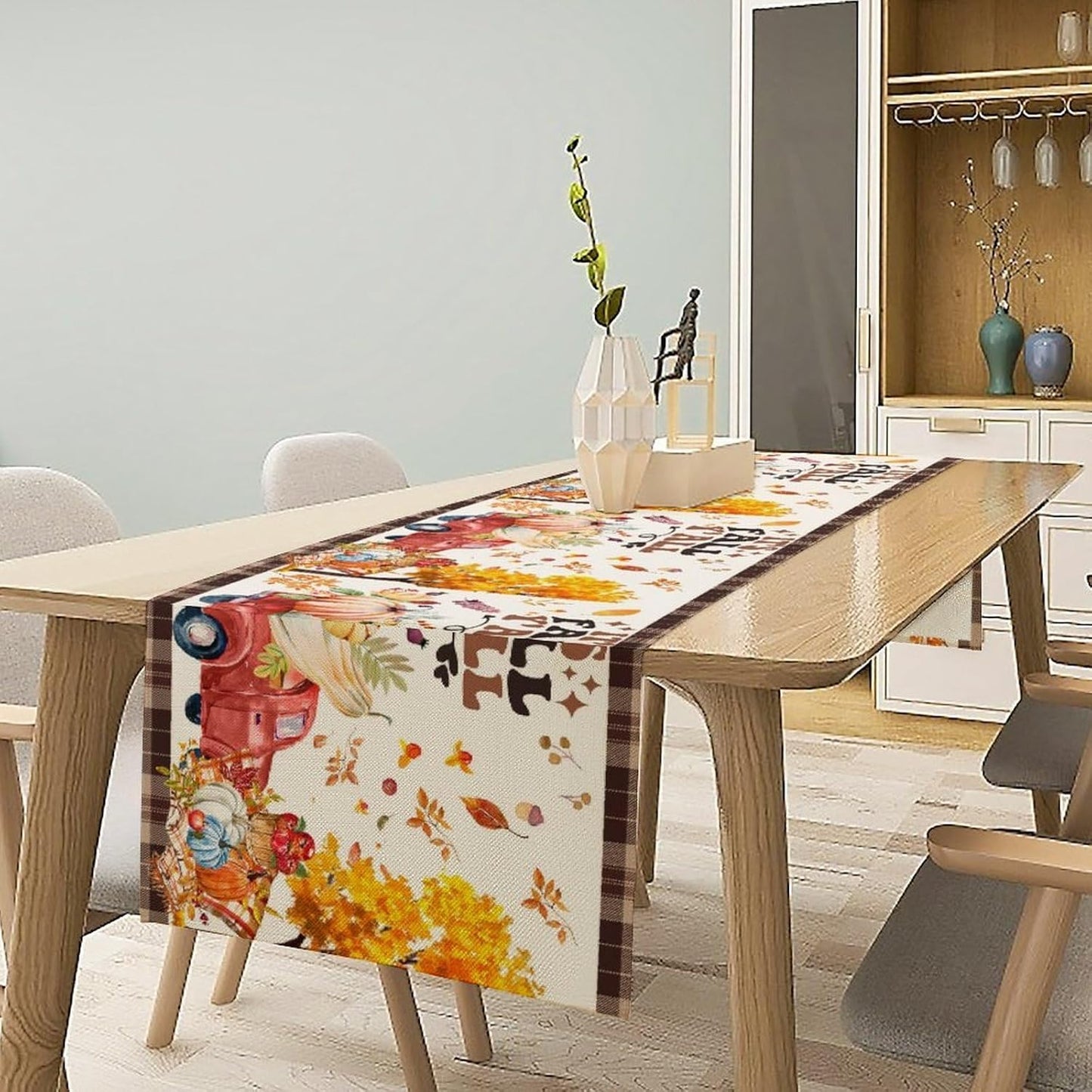 Fall Pumpkin Table Runner,Rustic Maple Yellow Leaf Trees Truncks Brown Plaid Tablecloth Burlap for Hotel Indoors Outdoor Dining Room Kitchen Home Decor,W13X L80 in