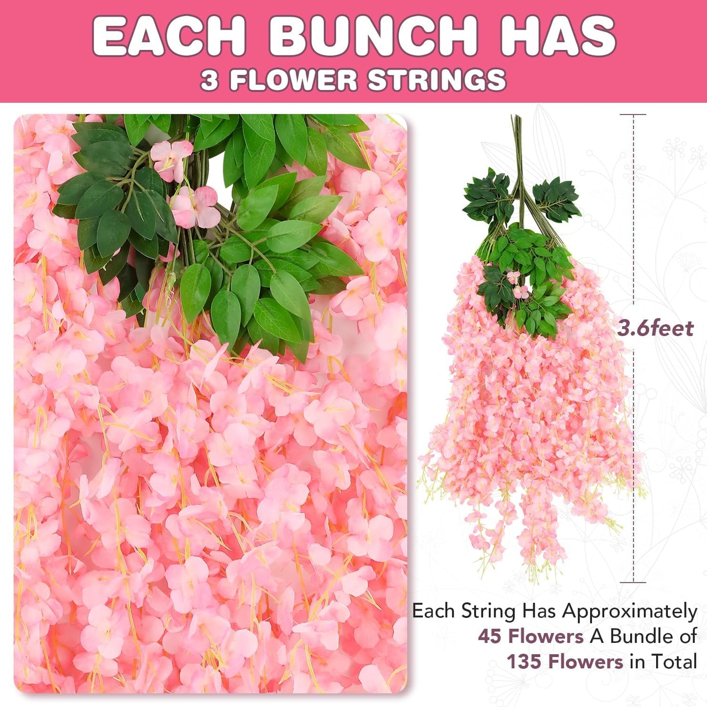 Wisteria Hanging Flowers,Fake Hanging Flowers,Wisteria artificiales Garland for Home Wedding Arch Floral Party Garden Ceremony Outdoor Decor,3.6 feet Long(150,Pink)