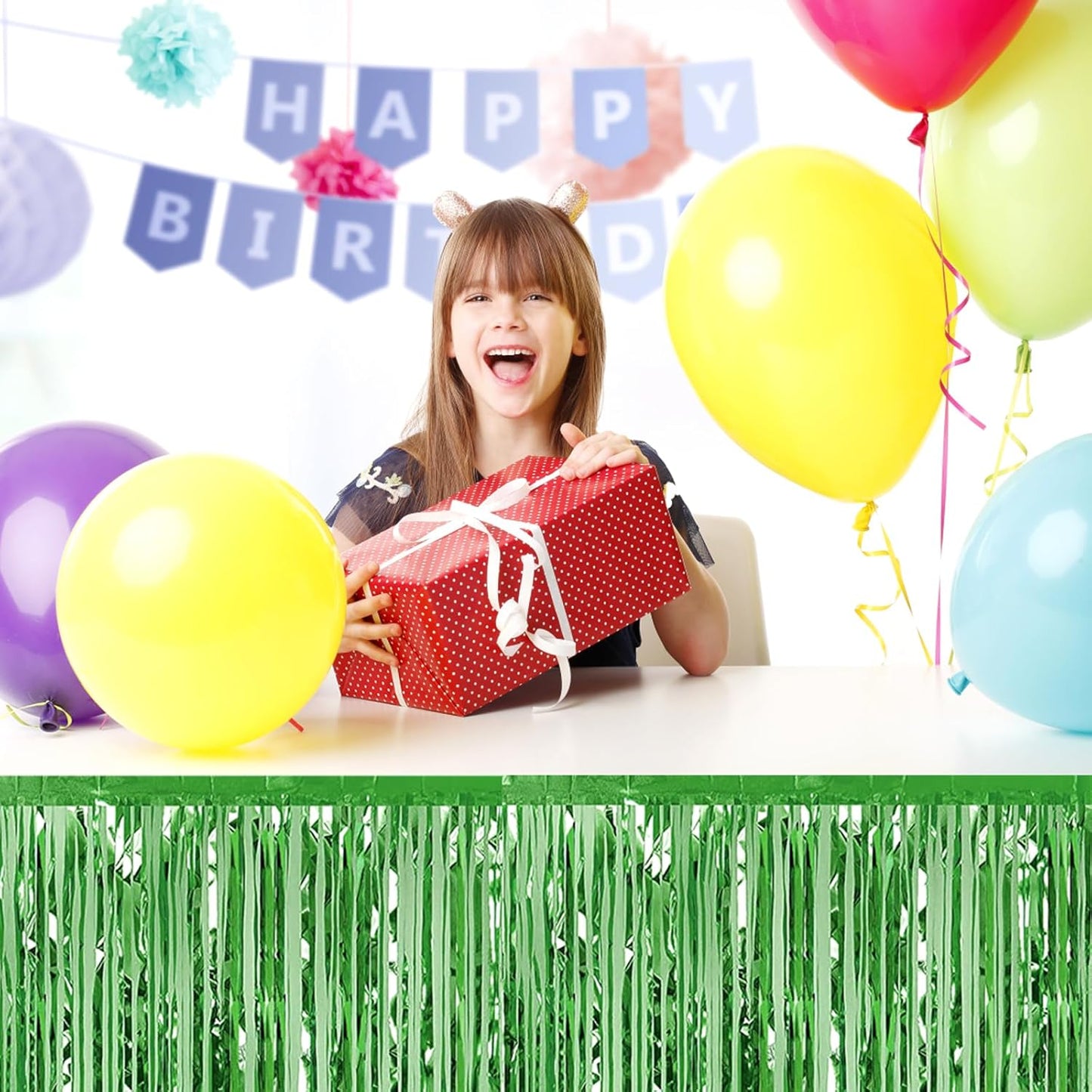 3 Pack 29x108 Inch Light Green Foil Fringe Table Skirts Metallic Banner for Tinsel Streamer Garland Backdrop for Parade Floats Wedding Thanksgiving Birthday Christmas Halloween Party Decoration