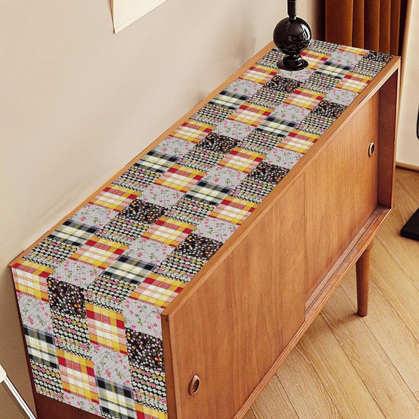 Patchwork Table Runner, Boho Vintage Floral Checkered Plaid Bohemian Paisley Flower Farmhouse Table Center Decor for Home Kitchen Dining Patio Holiday Party Indoor Table Decorations, 13"x36" Inch