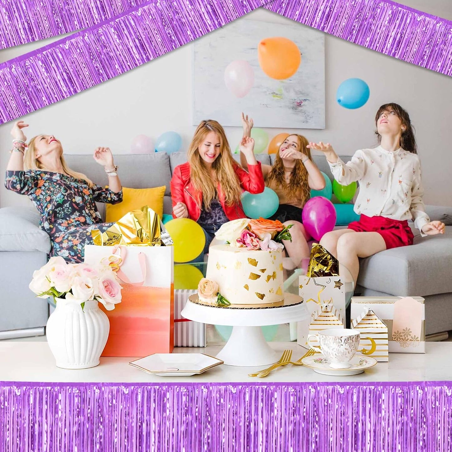 6 Pack 10 Ft Light Purple Foil Fringe Garland Metallic Streamers Tinsel Banner Wall Hanging Garland Backdrop for Parade Floats, Halloween, Christmas, Thanksgiving, New Year Party Decorations