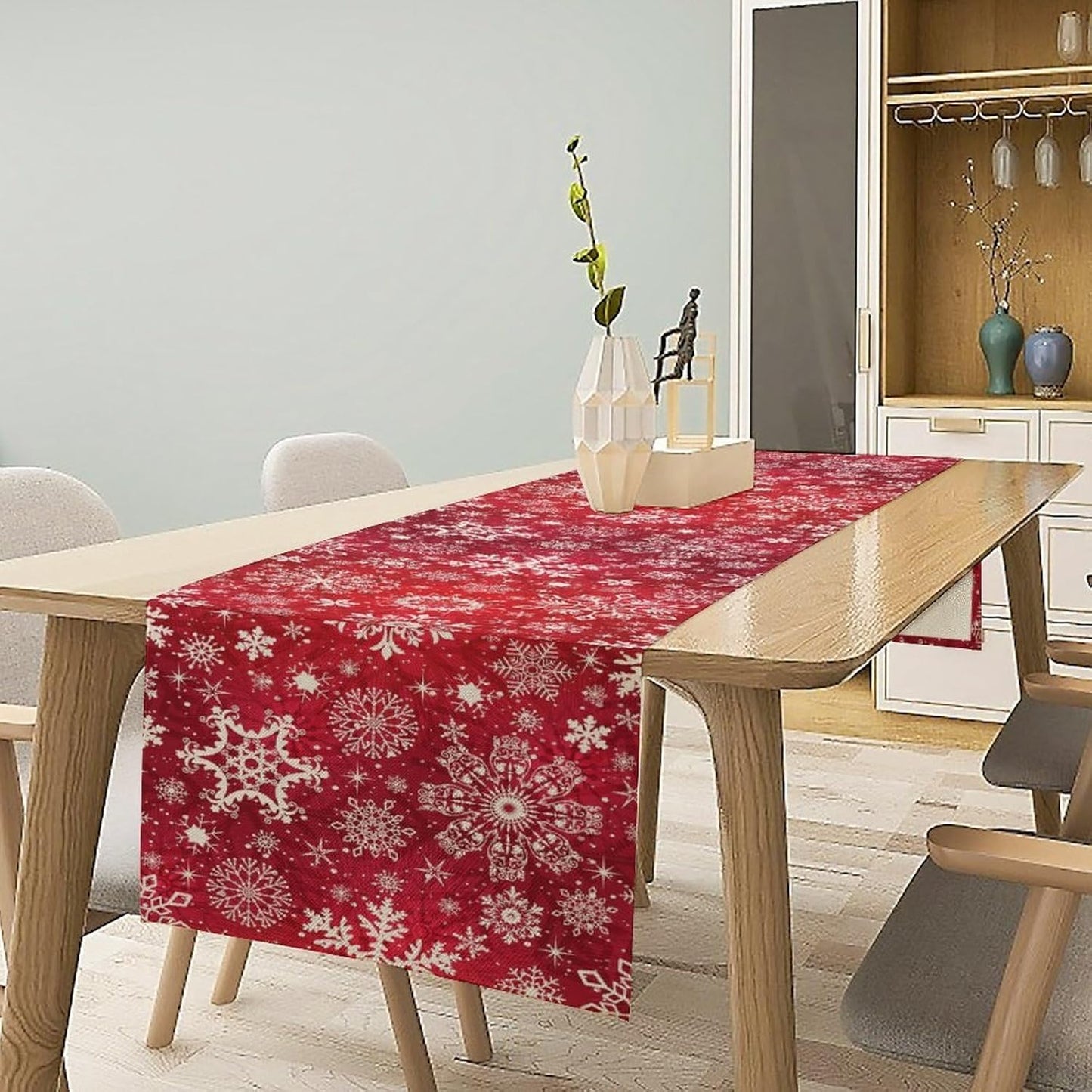Snowflakes Christmas Table Runner, Winter Holiday Red Table Cloth Kitchen Dining Table Decoration for Home Party Decor 13x90 Inch