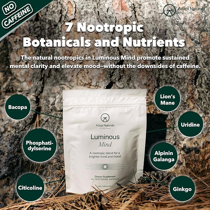 Adapt Naturals Luminous Mind Nootropic Brain Supplement with Ginkgo Biloba, Bacopa and Lions Mane | Memory, Focus, Mental Clarity and Elevated Mood Support | No Caffeine, Crash Free - 60 Days Supply