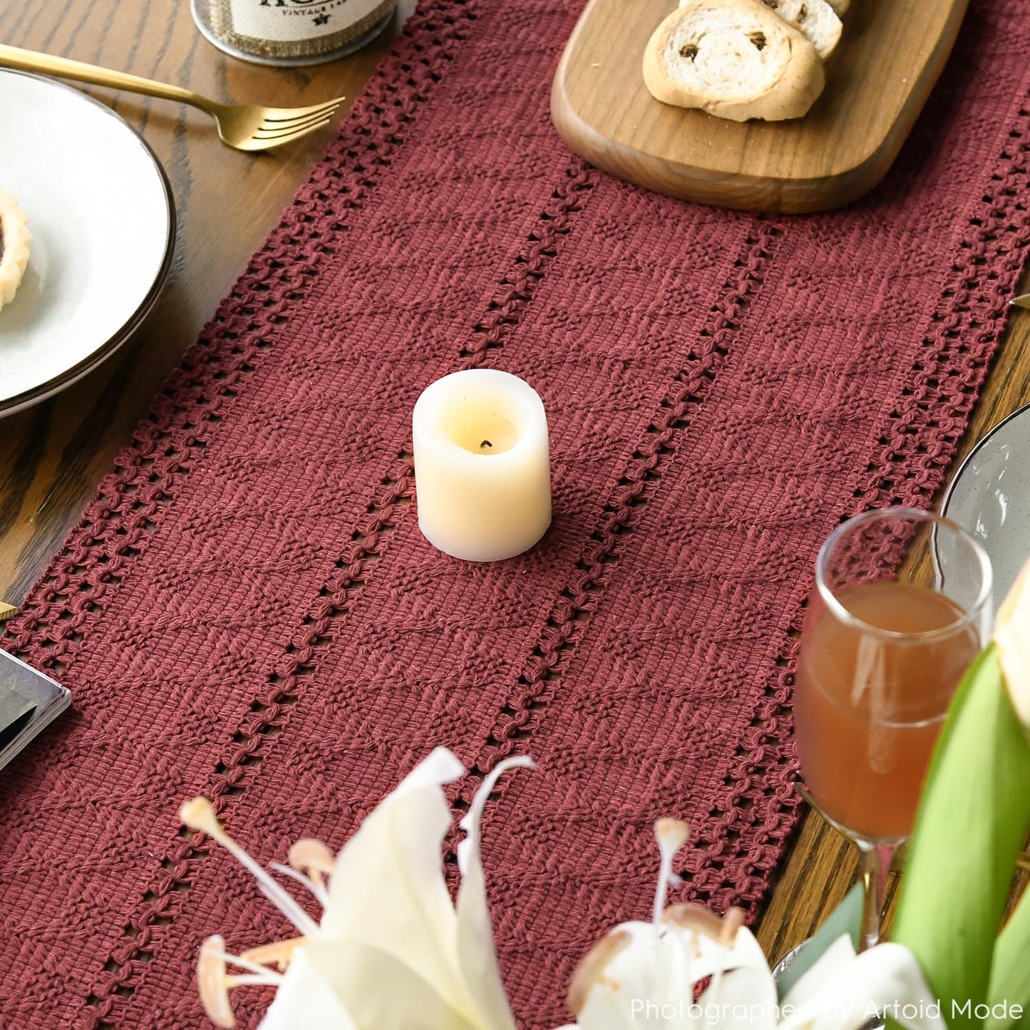 Artoid Mode Red Farmhouse Woven Rustic Hollow Table Runner, Seasonal Holiday Hollow Kitchen Dining Table Decoration for Home Party Decor 12x48 Inch