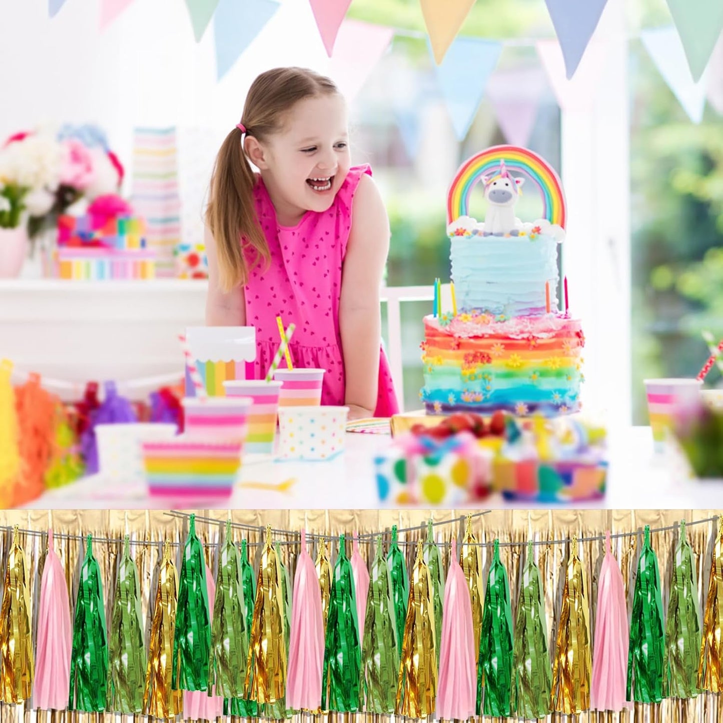 6P Sage-Green Pink-Gold Foil Fringe Metallic Tassel Garland, Tassels Banner Streamers for Parade Floats, Bachelorette, Wedding, Birthday, Graduation, Christmas, Bridal/Baby Shower Party Decorations