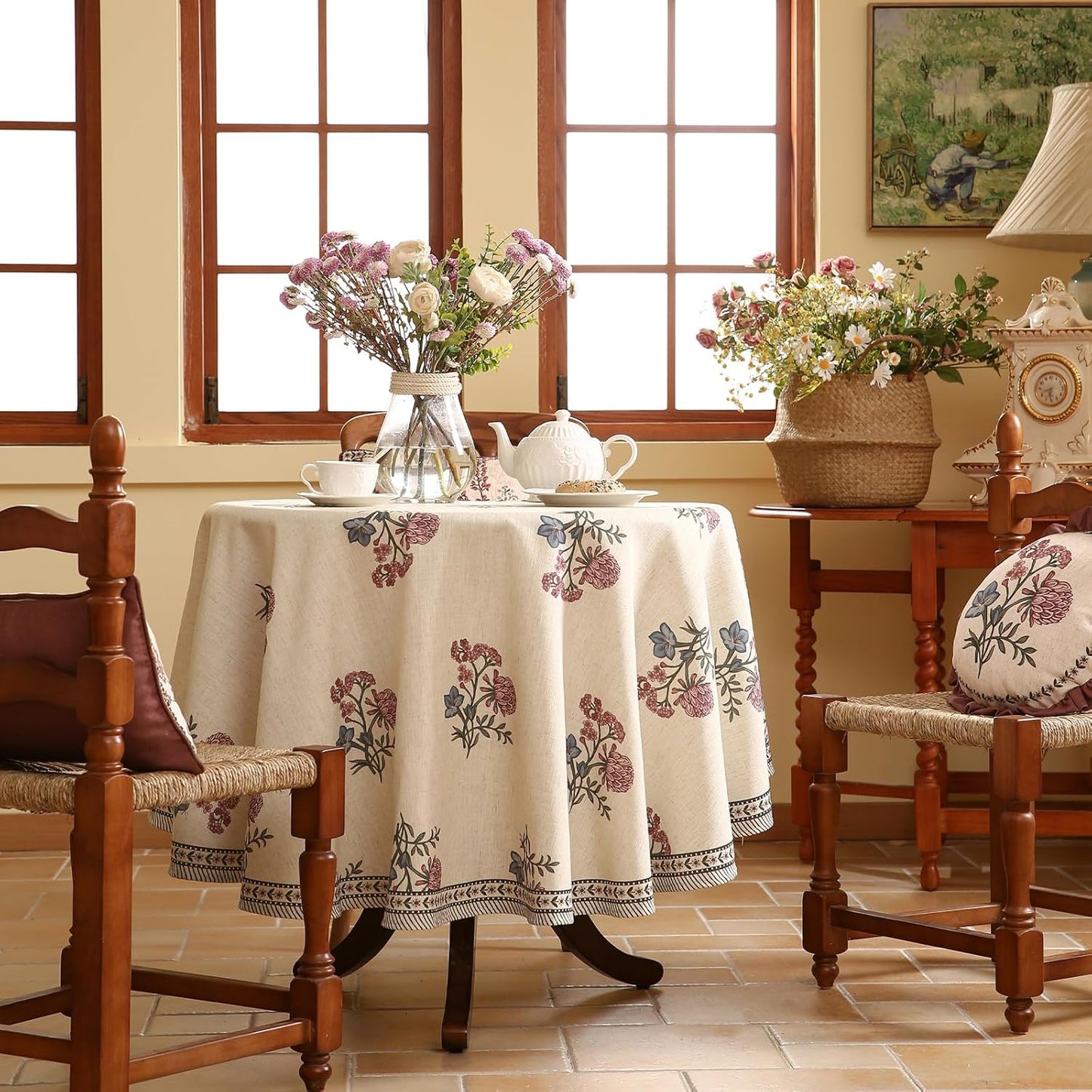 ISAENNE Designer Linen Light Beige Round Tablecloth,French Colorful Floral Table Cloth,Fall Stain Resistant Decor Tablecloths for Dining Thanksgiving Christmas Kitchen,Diameter 67"-Helena E