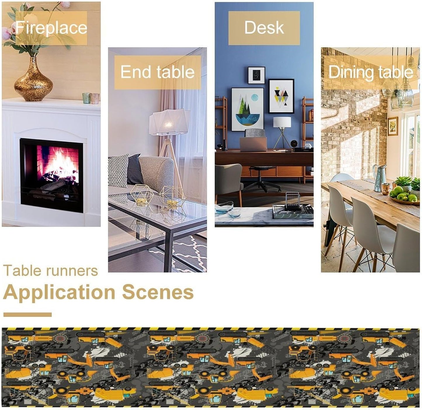 Cartoon Car Table Runner,Boy Kids Construction Yellow Tractor Excavator Tablecloth Burlap for Hotel Indoors Outdoor Dining Room Kitchen Home Decor,W13X L36 in