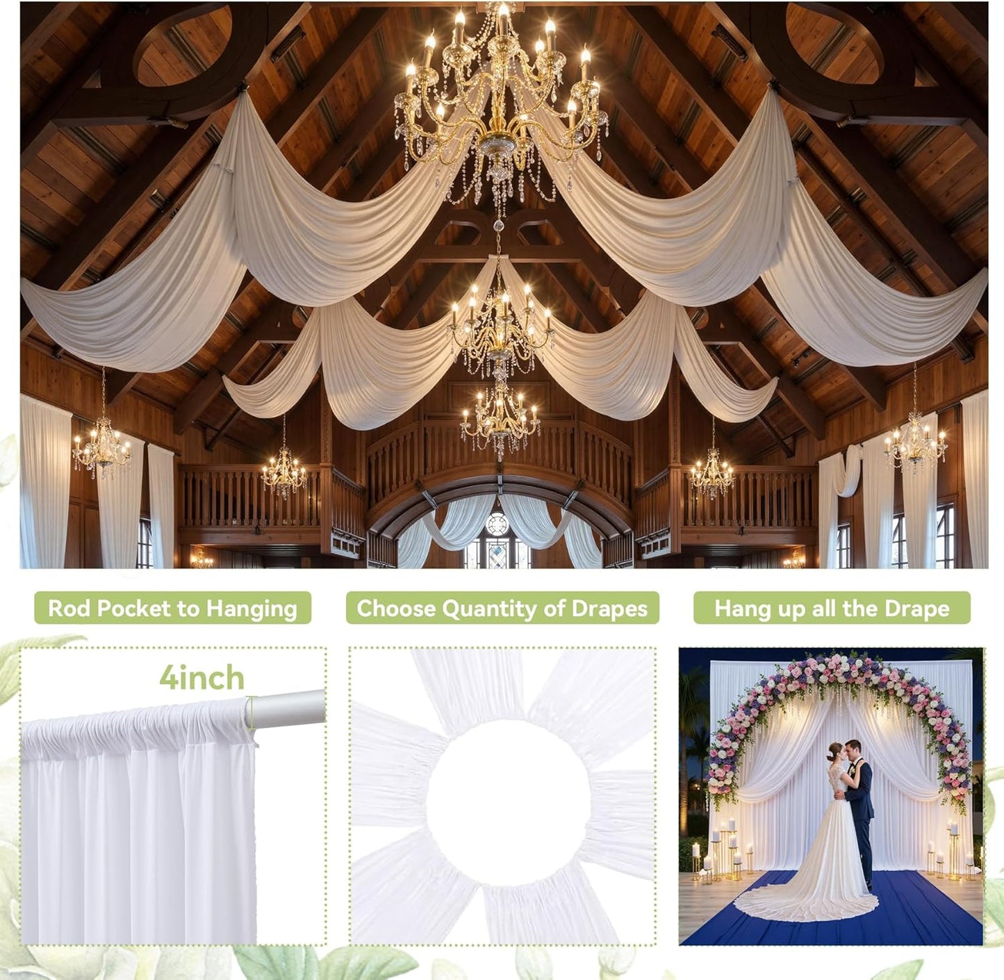 PartyVillage 30ft×15ft White Backdrop Curtain for Wedding Parties, 6 Panels Wrinkle Free 15 FT Long Polyester Photo Backdrop Drapes Back Drop Cloth for Birthday Photography Background