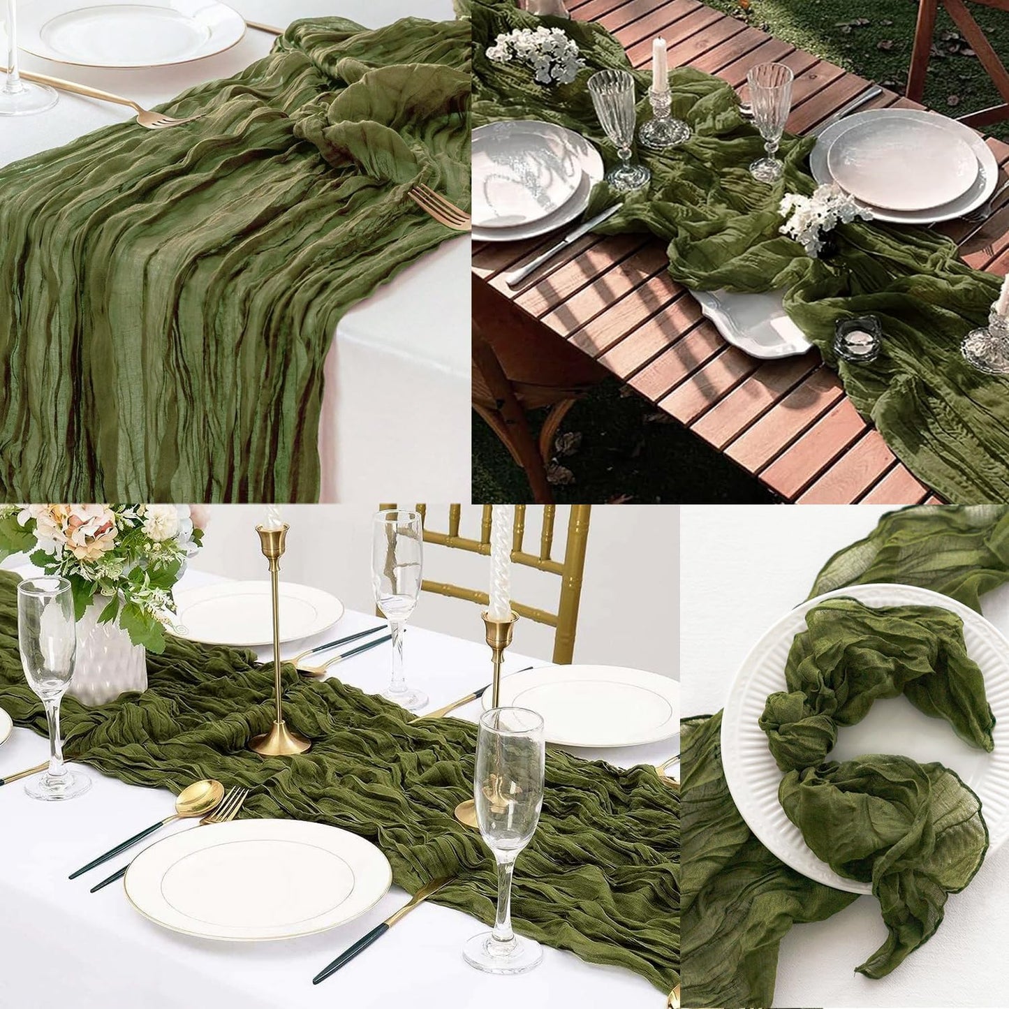 12 Pack Olive Green 10FT Cheesecloth Table Runner Rustic Gauze Cheese Cloth Table Runner for Wedding Bridal Baby Shower Table Decorations Boho Fabric Sheer Birthday Party Decor 20 x 120 Inch Long