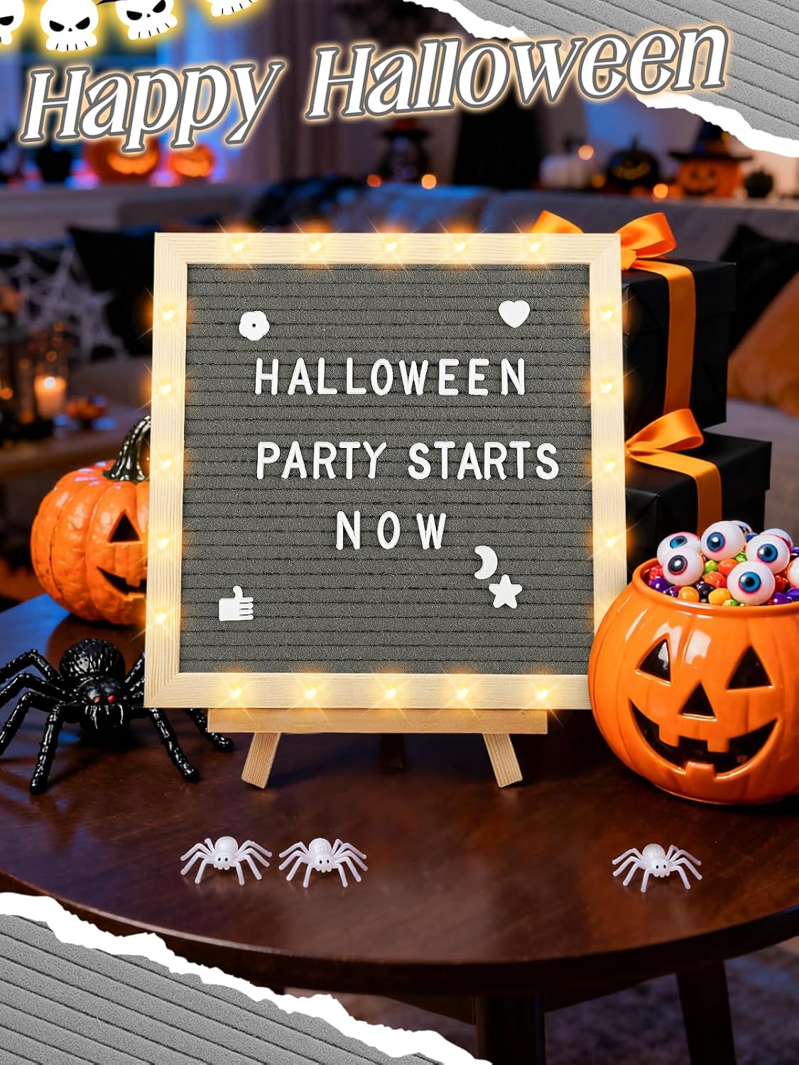 Light up Changeable Felt Letter Board Sign with LED Lights - 10×10" Message Board & Wood Stand & 450 Letters, for Halloween/Birthday/Event/Pregnancy/Baby Announcement/Home Wall Decor Gifts, Grey