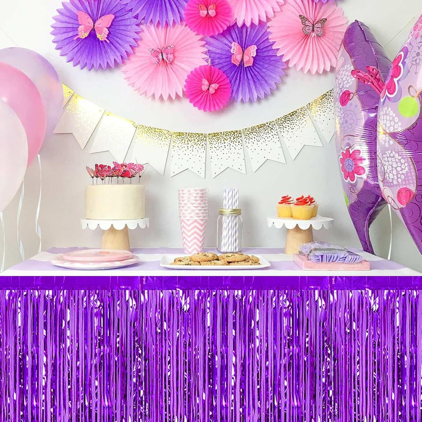 3 Pack 29 x108 Inch Purple Foil Fringe Table Skirts Metallic Banner for Tinsel Streamer Garland Backdrop for Parade Floats Wedding Thanksgiving Birthday Christmas Halloween New Year Party Decoration
