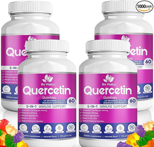 Quercetin Gummies by BioVitalica - Quercetin with Bromelain Vitamin C and Zinc & Elderberry + Vitamin D3-5 in 1 Immune Support - Zinc Quercetin 750 mg for Kids and Adult (4, Quercetin)