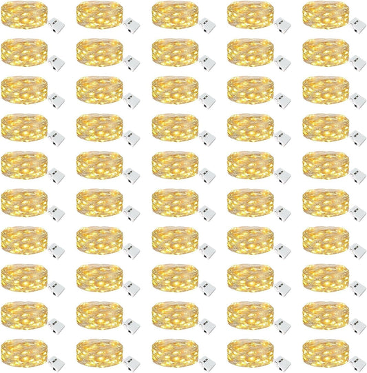 btfarm 50 Pack Fairy Lights Battery Operated [3 Modes], 7ft 20 Led Twinkle Lights String Lights Waterproof Bulk Small Mini Silver Wire for Christmas Mason Jars Wedding Table Centerpiece, Warm White