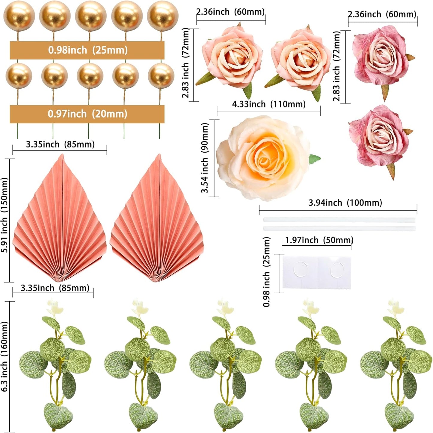 Gyufise 22Pcs Rose Artificial Flower Leaves Cake Topper Decorations Gold Balloon Cake Toppers Leaf Paper Palm Fan Cake Picks for DIY Wedding Birthday Valentine's Day Party Decorations Supplies Pink