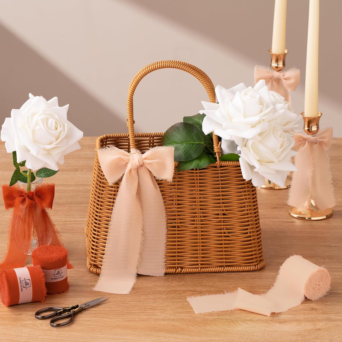 DORIS HOME Burnt Orange Chiffon Ribbon for Flower Bouquet, 2" x21Yd Fabric Ribbon for Gift Wrapping, Handmade Frayed Ribbon for Wedding/Christmas Decorations