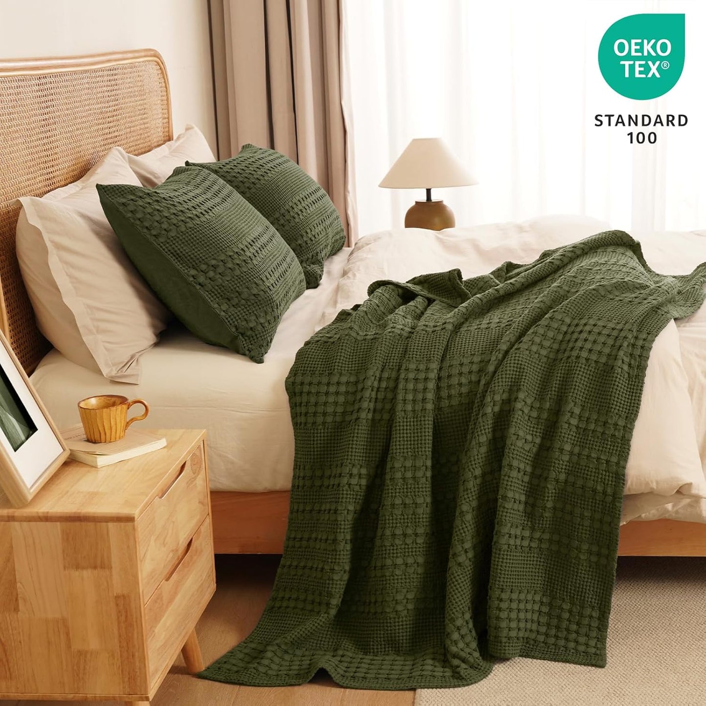 PHF 100% Cotton Waffle Weave Throw Blanket, Soft Lightweight Breathable Cozy Throws for Couch Bed Sofa, Luxury Aesthetic Woven Blanket for Home Decor & Office, 50"x60", Capulet Olive