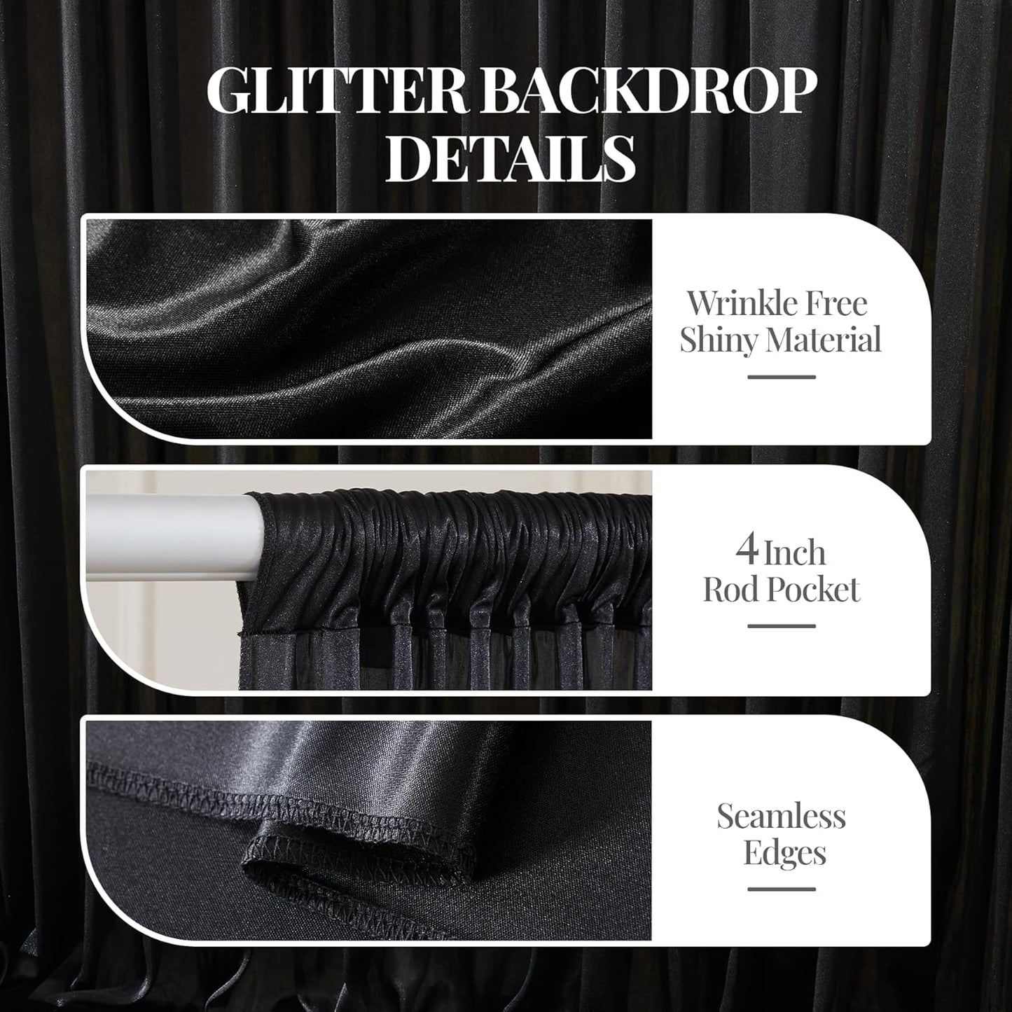 10x10 ft Black Glitter Backdrop Curtain for Parties, Wrinkle Free Satin Photo Backdrop Drapes 2 Panels 5x10FT Shimmer Back Drop Cloth for Wedding Birthday Halloween Photography Background Decor