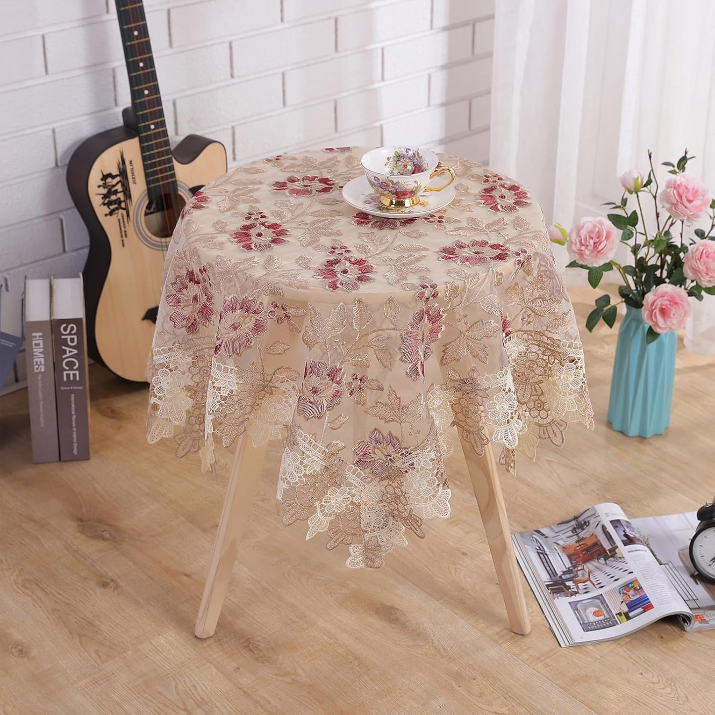 Round Embroidered Lace Tablecloth Vintage Decorative Exquisite Border Table Cover for Party Wedding Home Decorations, Round-70 inch, Red