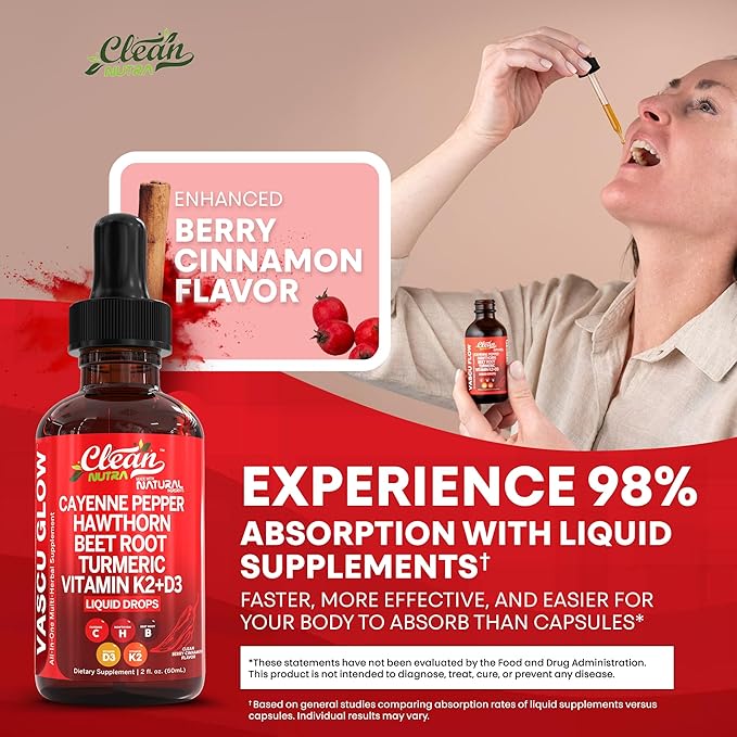 Clean Nutra Cayenne Pepper Drops Supplement Liquid + Hawthorn Berry, Vitamin D3 K2 Beet Root Powder, Ceylon Cinnamon, Turmeric Curcumin, Organic Panax Ginseng, Berberine Extract 1 Pack