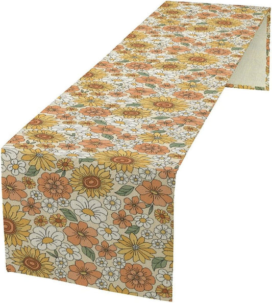 Vintage Floral Table Runner,Boho 70s Style Retro Daisies Flower Table Runner for Kitchen Dining Table Home Party Decoration 13x120 Inch