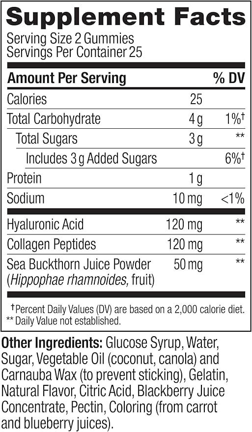OLLY Glowing Skin Gummy, Hydrated & Youthful Skin,* Hyaluronic Acid, Collagen Peptides, Sea Buckthorn, Plump Berry Flavor, 25 Day Supply - 50 Count