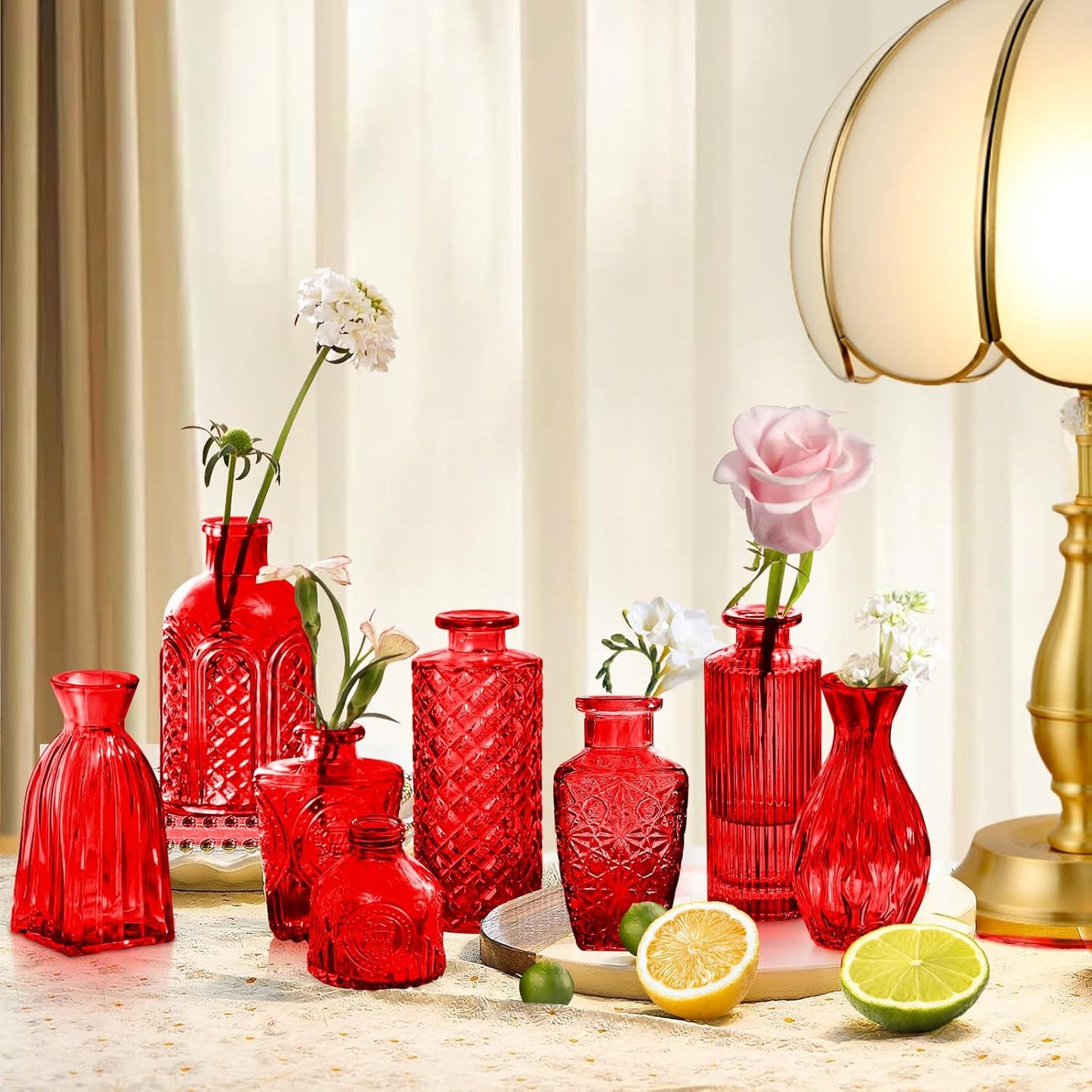 Red Glass Bud Vases Set, 24 Pcs Vintage Small Vases for Flowers, Crystal Mini Glasses in Bulk, Small Flower Design for Centerpieces Wedding Decorations Home Flower Party Decor