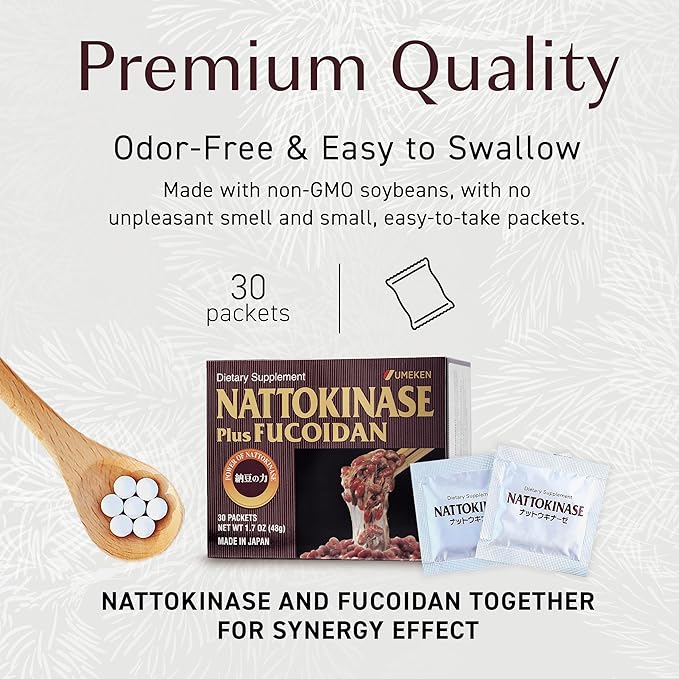 Nattokinase Plus Fucoidan for Circulatory Support, 2500FU Natto, Blood Circulation Supplements, Odor Free & Easy to Take Nattokinase Supplement, Okinawan Fucoidan, 1 Month Supply, 30 Count, Pack of 1