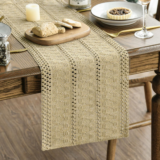 Artoid Mode Burlap Brown Farmhouse Woven Rustic Hollow Table Runner, Seasonal Holiday Hollow Kitchen Dining Table Decoration for Home Party Decor 12x60 Inch