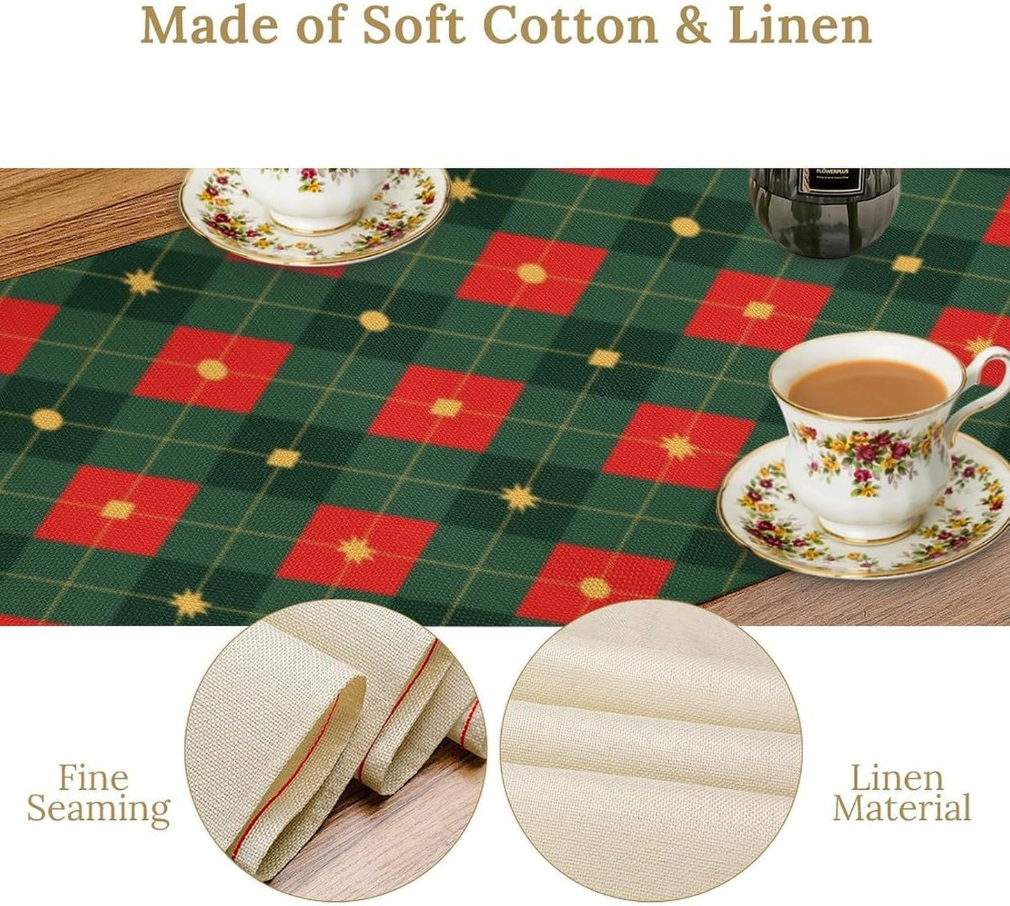 Christmas Table Runner,Green Red Xmas Plaid Table Cloth Kitchen Dining Table Decoration for Home Party Decor 13x60 Inch