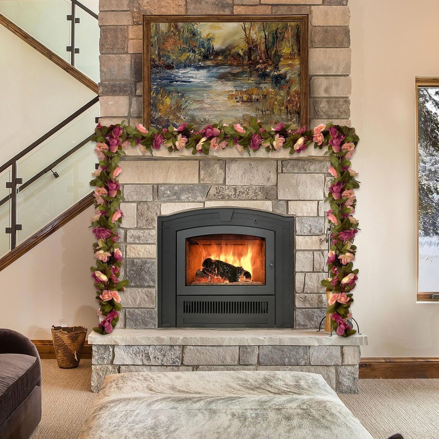 16Pcs 126Ft Dark Pink&Yellow Rose Garland, Fake Rose Hanging Flowers, Artificial Flower Vine, Hanging Floral Vine Garland for Wedding, Wall Arch, Halloween, Christmas Garden Backdrop Decor