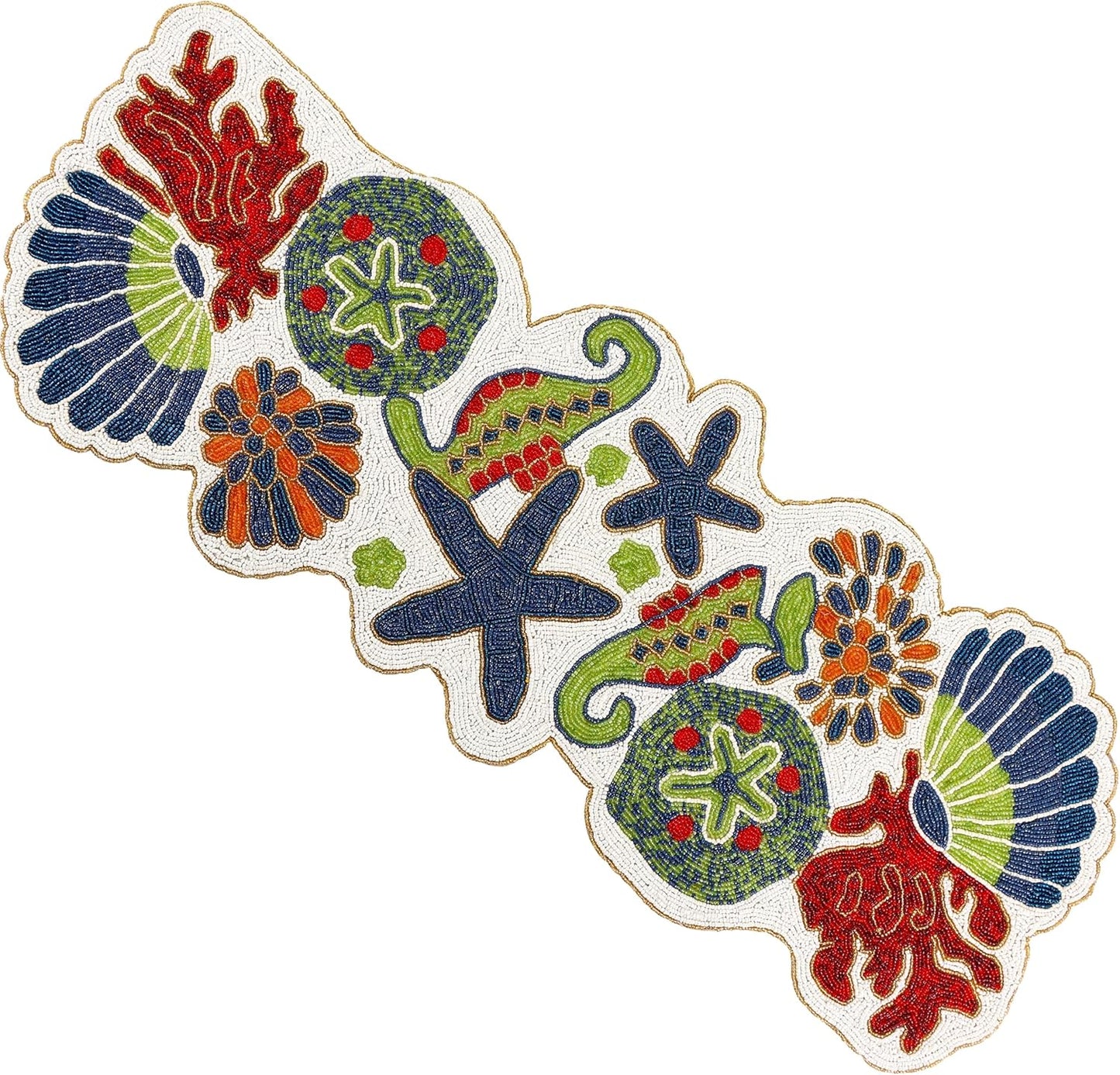 Handmade Beaded Coastal Table Runner -36" Ocean Theme Table Decor with Starfish, Seahorse, Coral, Shells -Nautical Table Centerpiece for Summer, Beach House, or Tropical Décor (Multi) - CLEENTABLE