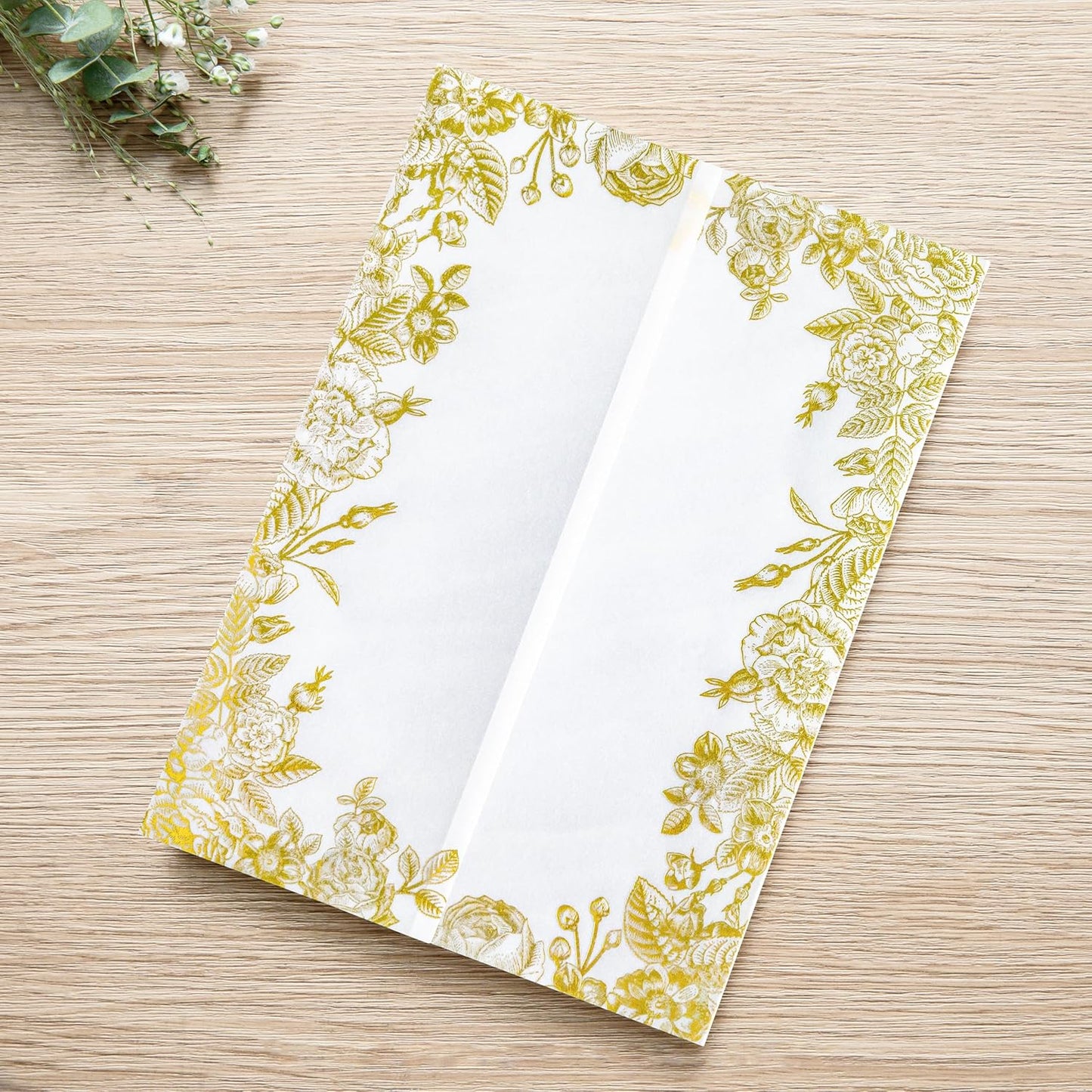 PONATIA 50 PCS Vellum Jackets for 5x7 Wedding Invitation Cards- 135gsm Floral Printed Vellum Sleeves, Invitation Cards Wraps (Champagne Gold Foil)