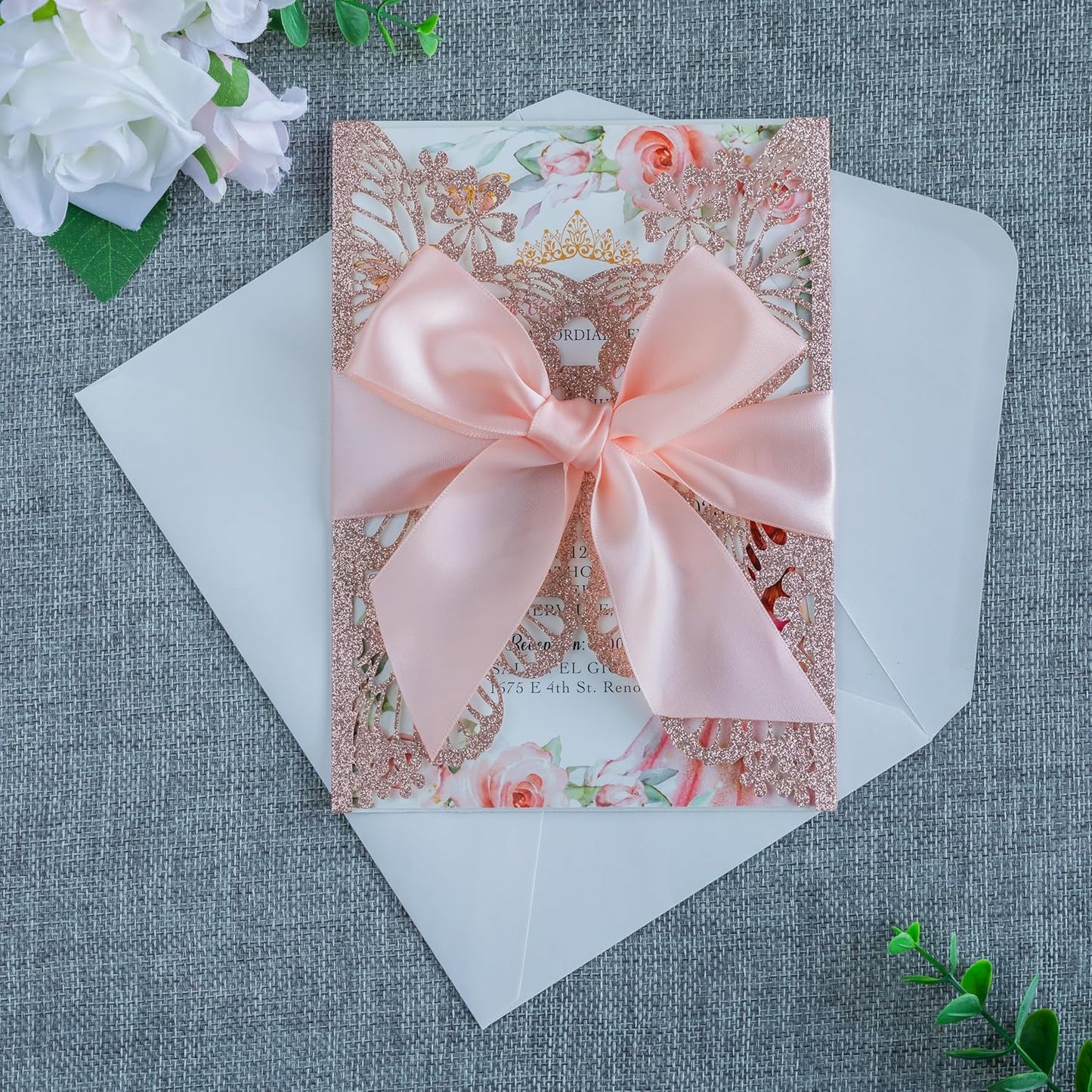 20 PCS 5.12x7.2 Butterfly Quinceanera Invitation, Laser Cut Wedding Invitation Cards with Envelopes for XV Anos Bridal Shower Baby Shower Invite (Rose Gold Glitter)